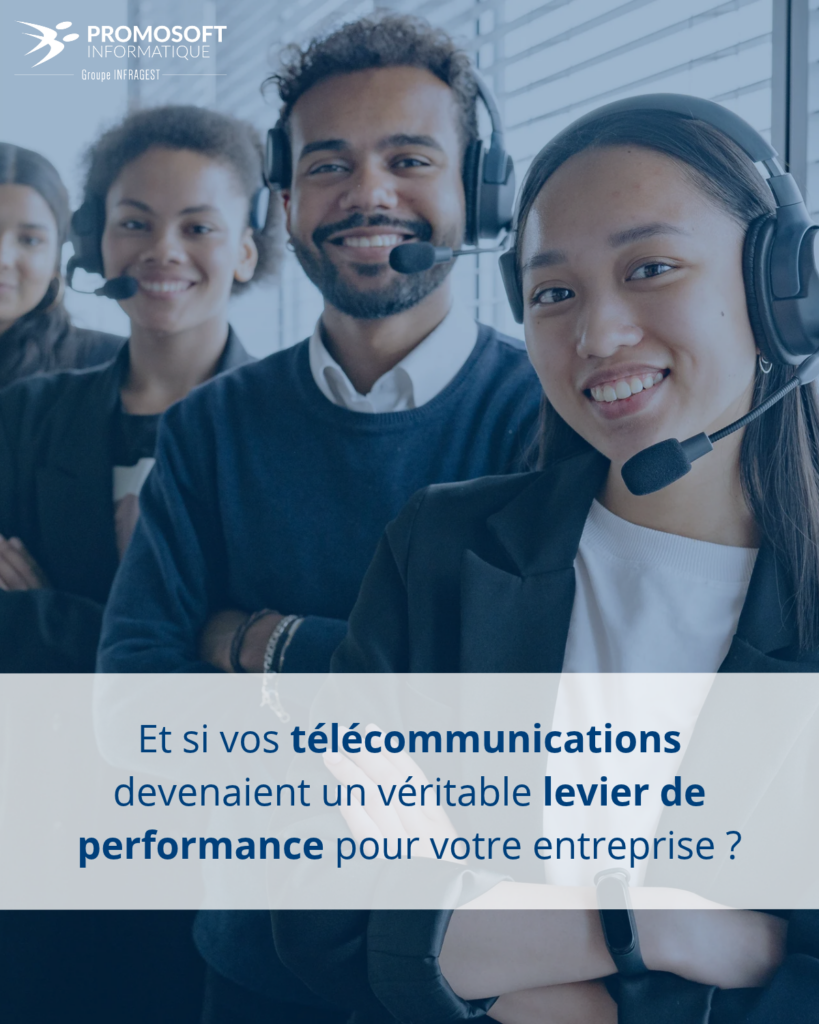 Équipe de professionnels avec casques téléphoniques illustrant les solutions télécoms de Promosoft Informatique.